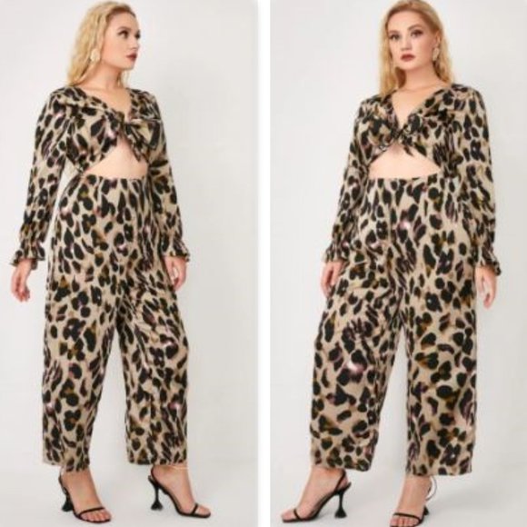 Flounce Sleeve Leopard TIe Front Peekaboo Jumpsuit - Picture 3 of 10